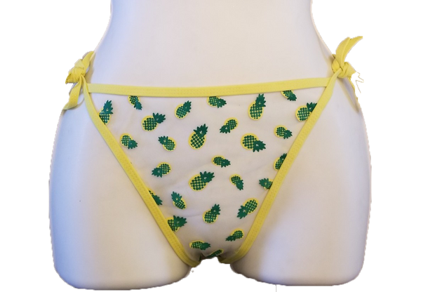 Sheer Tie side bikini bottoms. Easy to wear, comfortable. One size fits most. Flattering scrunch back. Polyester Fabric, Fast Drying. Matching Tops available also. Matching Sheer Pineapple Tops Also Matching Yellow Men's Shorts