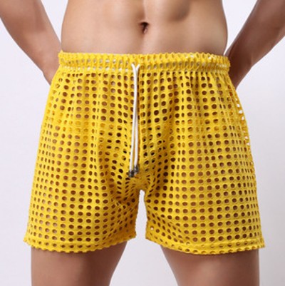 Sheer Fishnet Mesh Yellow Shorts - Unisex Swim Shorts for Beach and Resort Wear