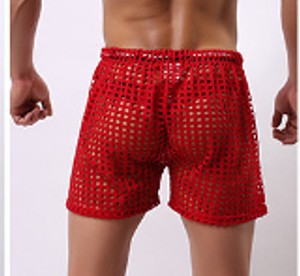 Sheer fishnet mesh trunks displayed on a mannequin, designed for unisex wear, showcasing the sheer material and stretchy waistband.