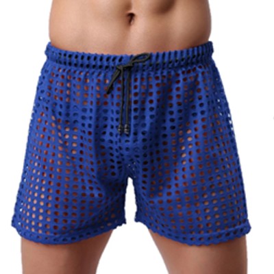  Sheer fishnet mesh trunks displayed on a mannequin, designed for unisex wear, showcasing the sheer material and stretchy waistband.