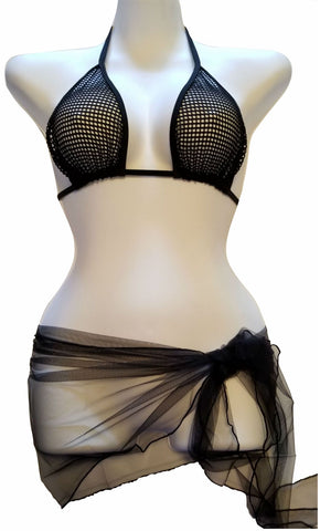 Sheerswim Black Fishnet Bikini Top & Black Sheer Sarong