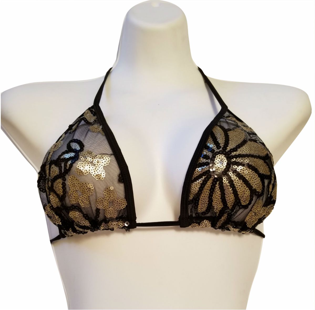 Sheer Swim Black Gold Bikini Top Embellished Sheer