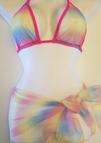 Sheerswim Rainbow Pink Sarong & Rainbow Pink Sheer Bikini Top