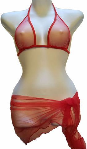 Sheerswim Red Ultra Sheer Bikini Top & Red Sheer Sarong