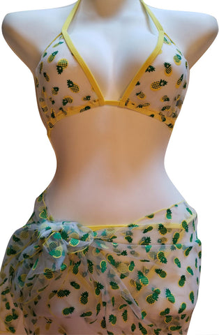 Pineapple Sexy Design Alternative Lifestyle Woman's Bikini Swimwear Set with Sarong