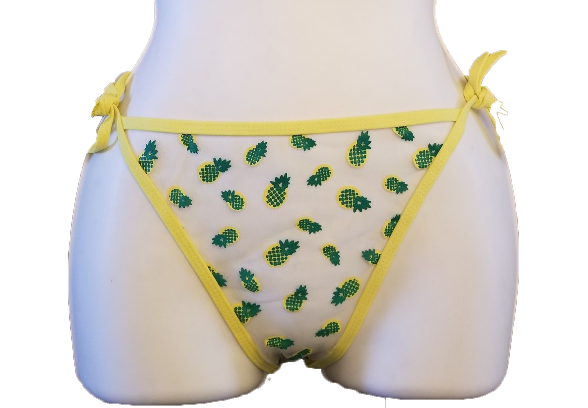 Sheer Tie side bikini bottoms. Easy to wear, comfortable. One size fits most. Flattering scrunch back. Polyester Fabric, Fast Drying. Matching Tops available also. Matching Sheer Pineapple Tops Also Matching Yellow Men's Shorts