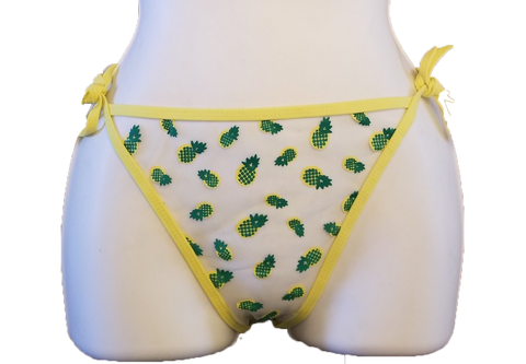 Sheer Tie side bikini bottoms. Easy to wear, comfortable. One size fits most. Flattering scrunch back. Polyester Fabric, Fast Drying. Matching Tops available also. Matching Sheer Pineapple Tops Also Matching Yellow Men's Shorts